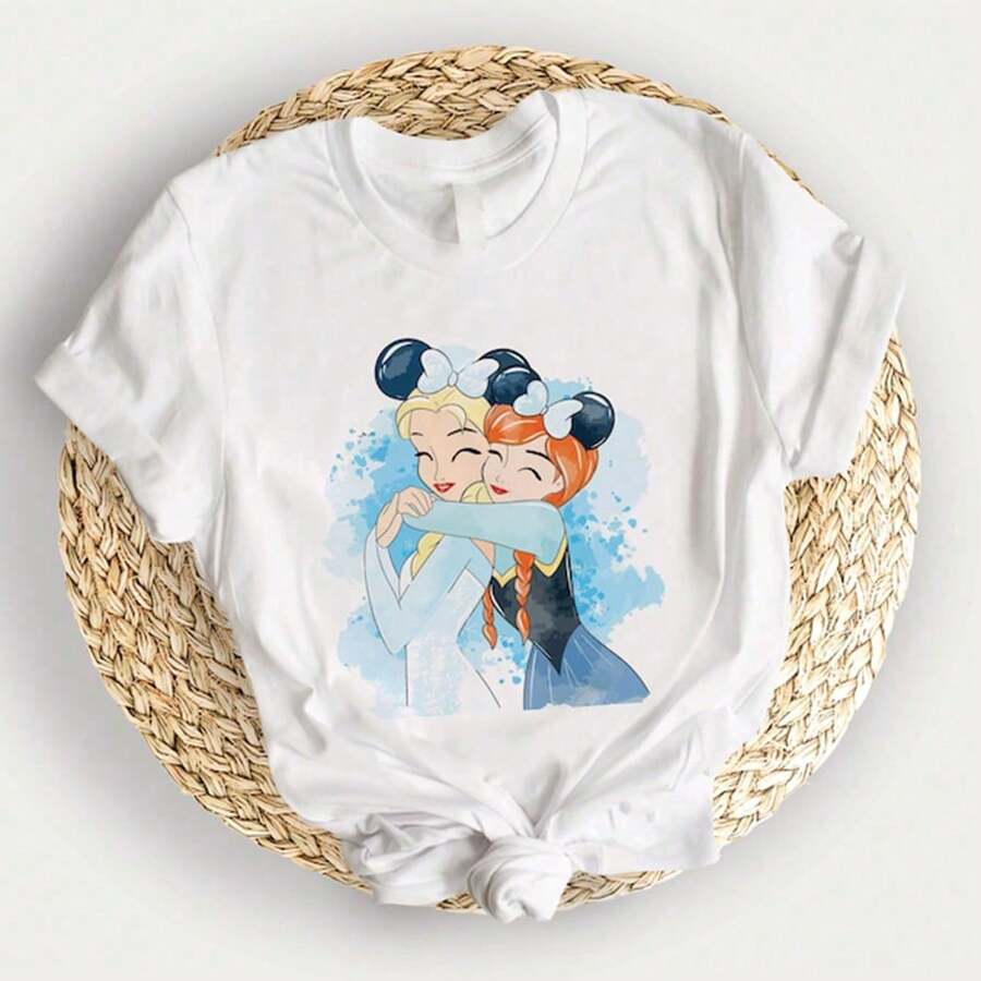 Oversized Disney T-Shirt Disney Princess Elsa T-Shirt Frozen Anna Shirt Disney 100% Cotton Women, Breathable Fabric Day Holiday Gifts - 白色 - 查看 1