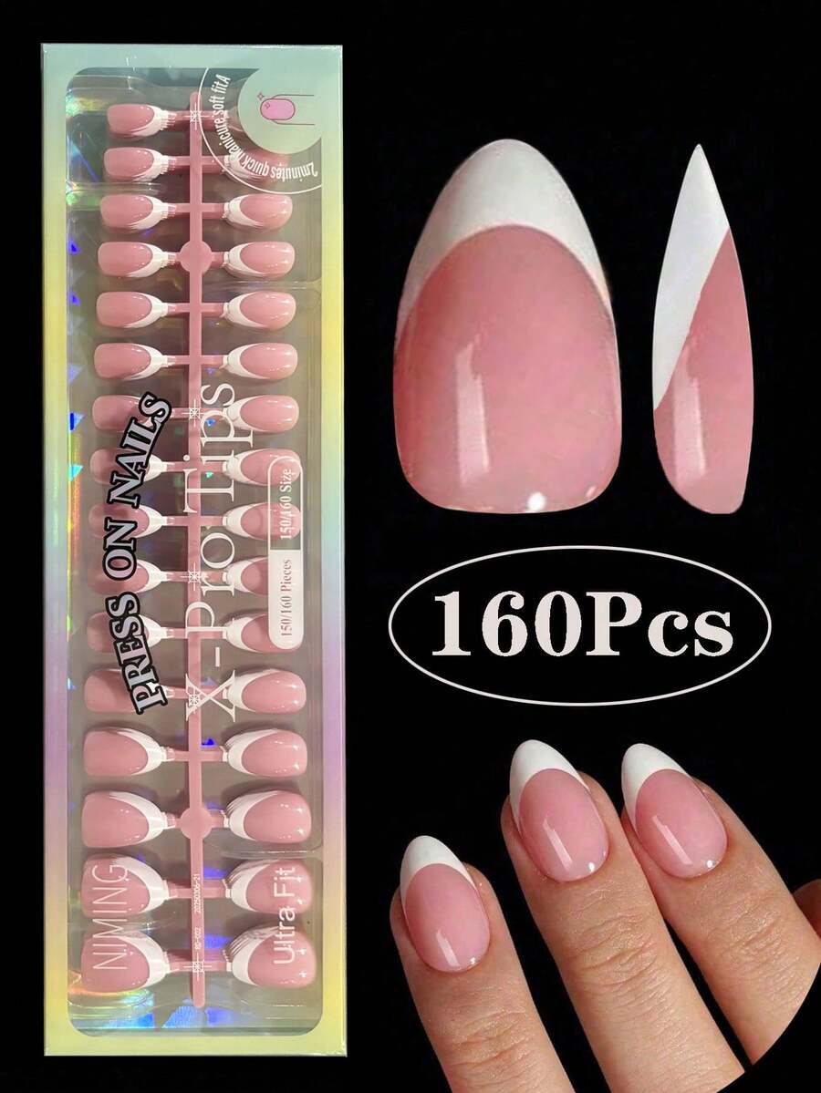 160Pcs Short Almond Pink And White French Gel Press On Nails, Matte French Press On Nails, Soft Gel Press On Nails, These Long Lasting Press On Nails Come In 16 Sizes For DIY Nail Art, For Women And Nail Salons