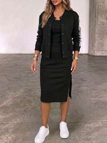 ChicMe 3pcs/Set Women Striped Patchwork Baseball Jacket + Ribbed Knit Vest + Side Slit Skirt, Casual Street Y2K Style Matching Set - Black - View 1