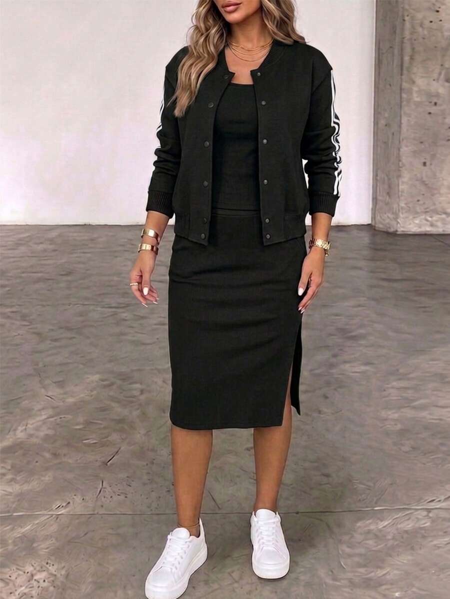 ChicMe 3pcs/Set Women Striped Patchwork Baseball Jacket + Ribbed Knit Vest + Side Slit Skirt, Casual Street Y2K Style Matching Set - Black - View 1