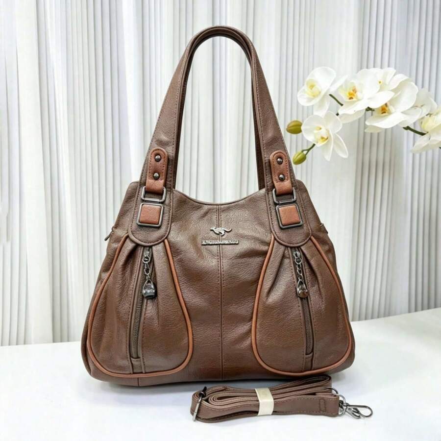 Women's Soft Leather Handbag That Can Be Used As A Shoulder Bag Or Crossbody Bag. Its Design Is Simple, Casual, Elegant And Versatile, Ideal For Middle-Aged Mothers. 26072 - 巧克力棕 - 查看 1