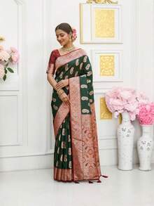 Silk Saree With Unstitched Blouse, Cultural Wear For Women - Multicolor - View 1