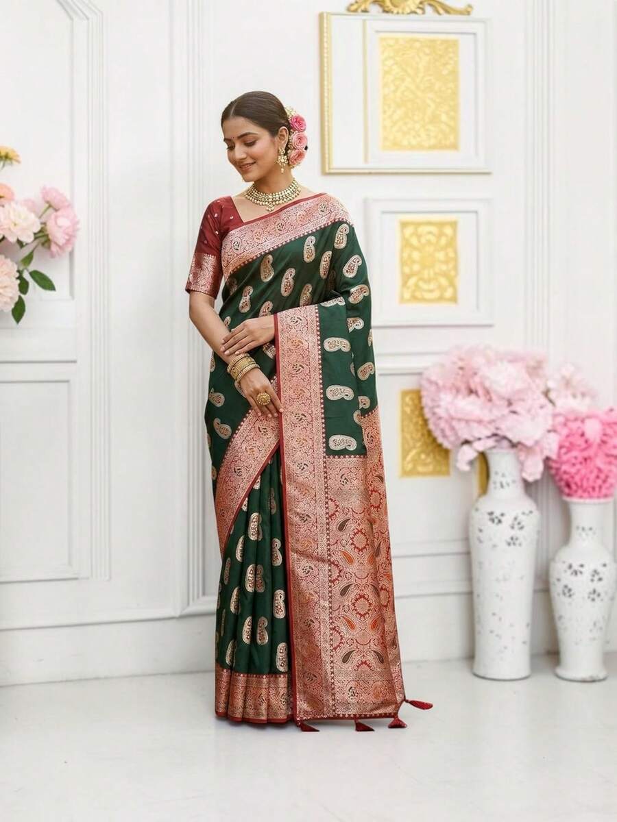 Silk Saree With Unstitched Blouse, Cultural Wear For Women - Multicolor - View 1