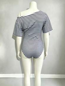Parara Maternity Bodysuit, Asymmetric Neckline, Short Sleeve, High Stretch Fabric, Open Back Design Summer - Blue - View 9