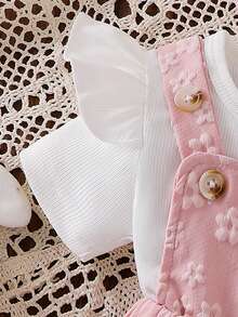 3pcs Baby Girl Sweet Princess Set: Solid Color Cap Sleeve T-Shirt, Jacquard Floral Pinafore Dress With Tiered Skirt, Headband With Bow - Pink - View 6