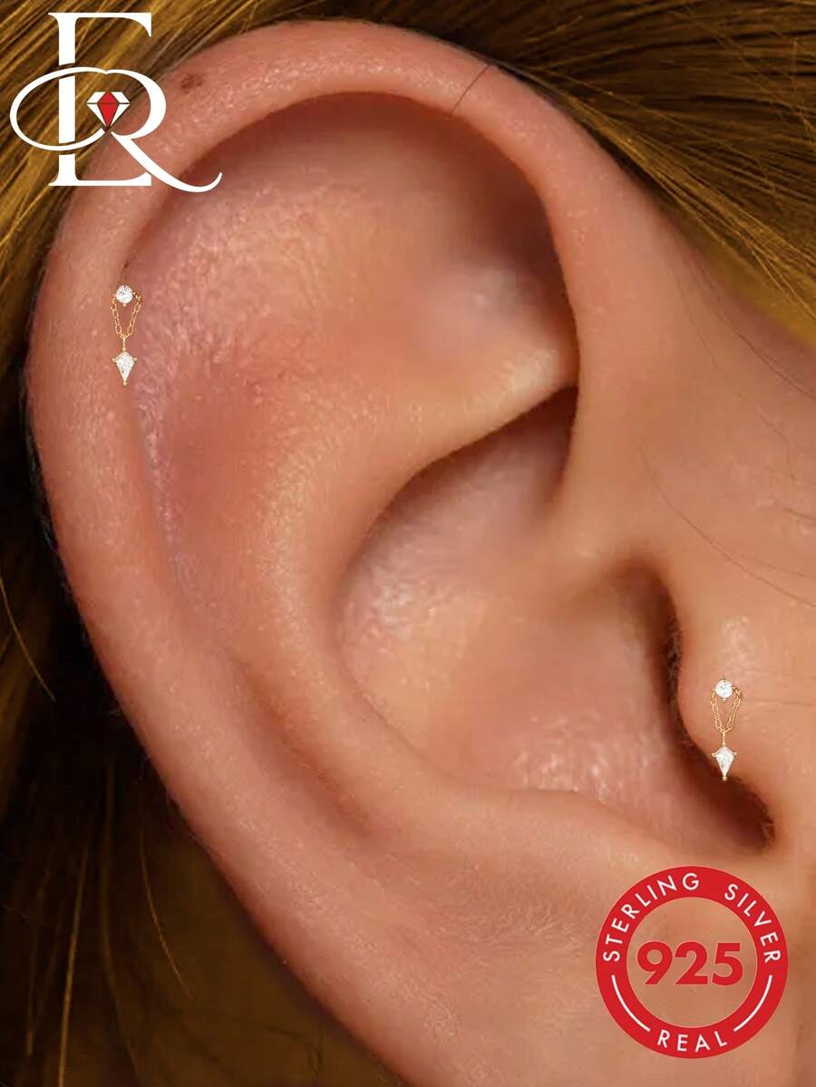 EleRunis 1PC 925 Sterling Silver Kite Stud Flat Back Labret Conch Tragus Cartilage Helix Threaded Piercing Punk Fine Jewelry For Daily Wear Party - Gold - View 1