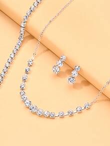 outingfit 4pcs V-Shaped Rhinestone Jewelry Set Bridal Accessories Banquet Minimalist Naked Diamond Necklace Set For Women Summer - Silver - View 4
