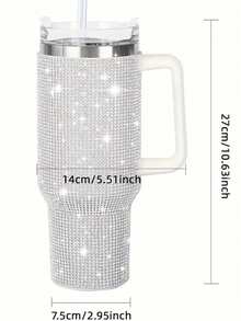1pc 40oz Large Capacity Tumbler With Handle, Rhinestone Pattern Stainless Steel Insulated Cup With Straw, Reusable Travel Mug For Car Office Outdoor, Ideal Gift For Women & Teens - Multicolor - View 8