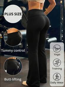 Legging Flare Warna Polos Serbaguna Kasual Olahraga Ukuran Plus Wanita - Hitam pekat - View 6