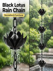 1pc 47.24 Inch Black Lotus Metal Rain Chain, Downspout Drainage Diverter For Rainwater Collection, Functional Decorative Hanging Ornament, Thickened Iron Craft For Outdoor Garden Villa Yard Decor - Lotus - View 3