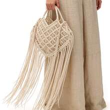 Handmade Woven Beach Vacation Tassel Bag - White - View 2