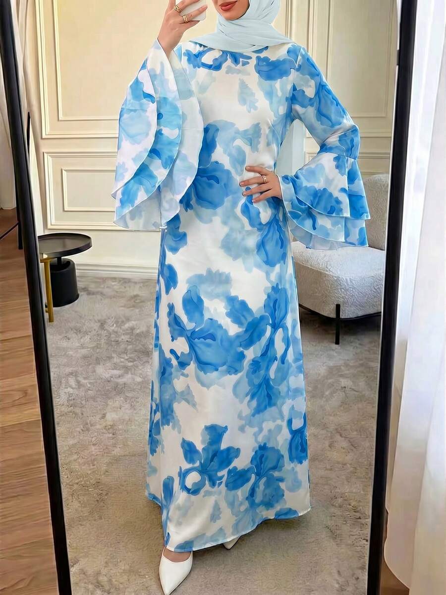 女款花卉印花圓領喇叭袖優雅阿拉伯風度假洋裝 - 彩色 - 查看 1
