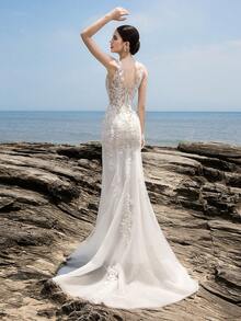 HEARBOBO Baroque Style Cute White Elastic Floral Lace Patchwork Wedding Dress With Train - White - View 3