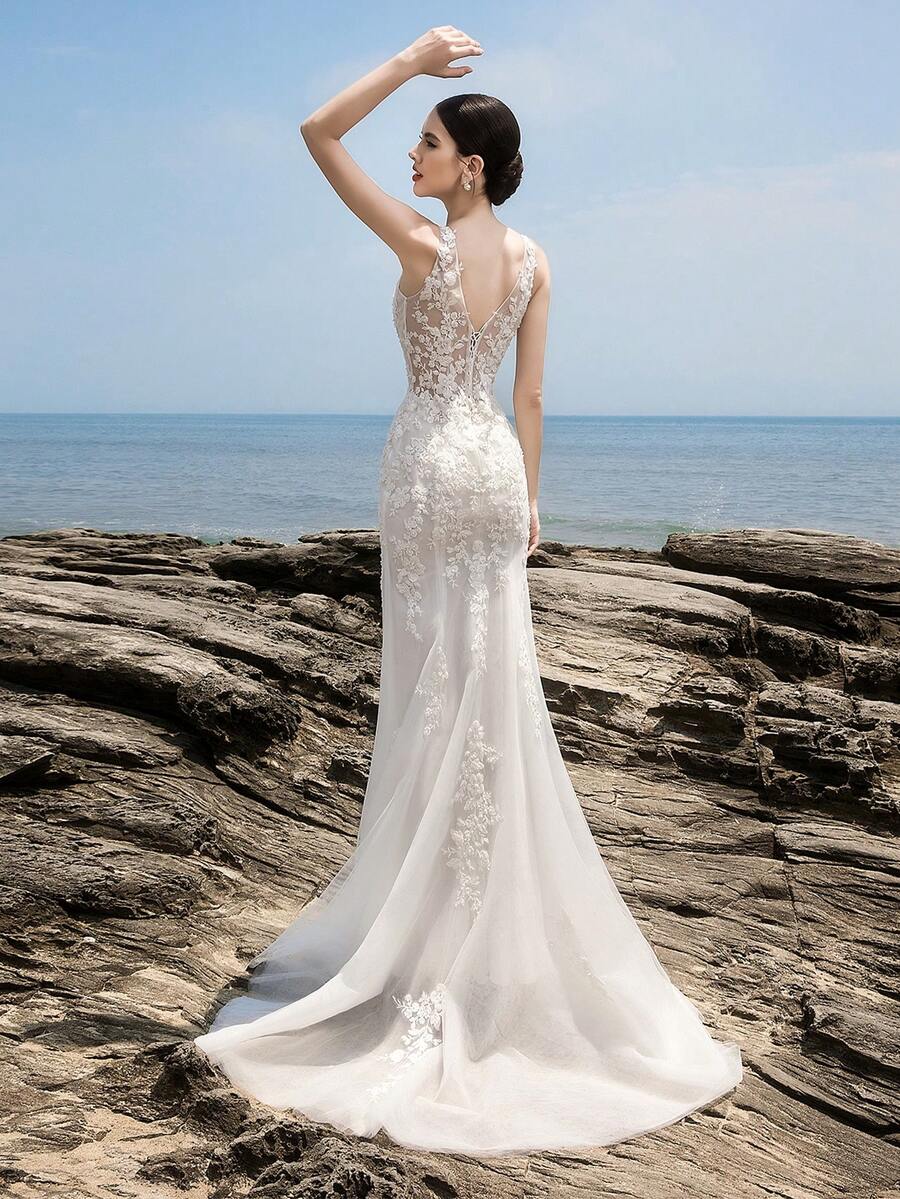 HEARBOBO Baroque Style Cute White Elastic Floral Lace Patchwork Wedding Dress With Train Fall - White - View 1