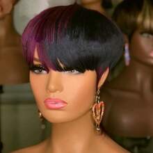 Short Pixie Cut Wig For Women Human Hair 1B/Purple Colored Short Wig For Layered Pixie Wigs Brazilian Human Hair Glueless Wig Daily Use,Party Wig None Lace Front Full Machine Made Wigs Throw On And Go Wig - Multicolor - View 6