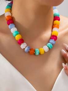 1pc Bohemian Style Rainbow Beaded Necklace Jelly-Like Resin Flat Beads Women's Daily Vacation Versatile Accessory - Colorful - View 2