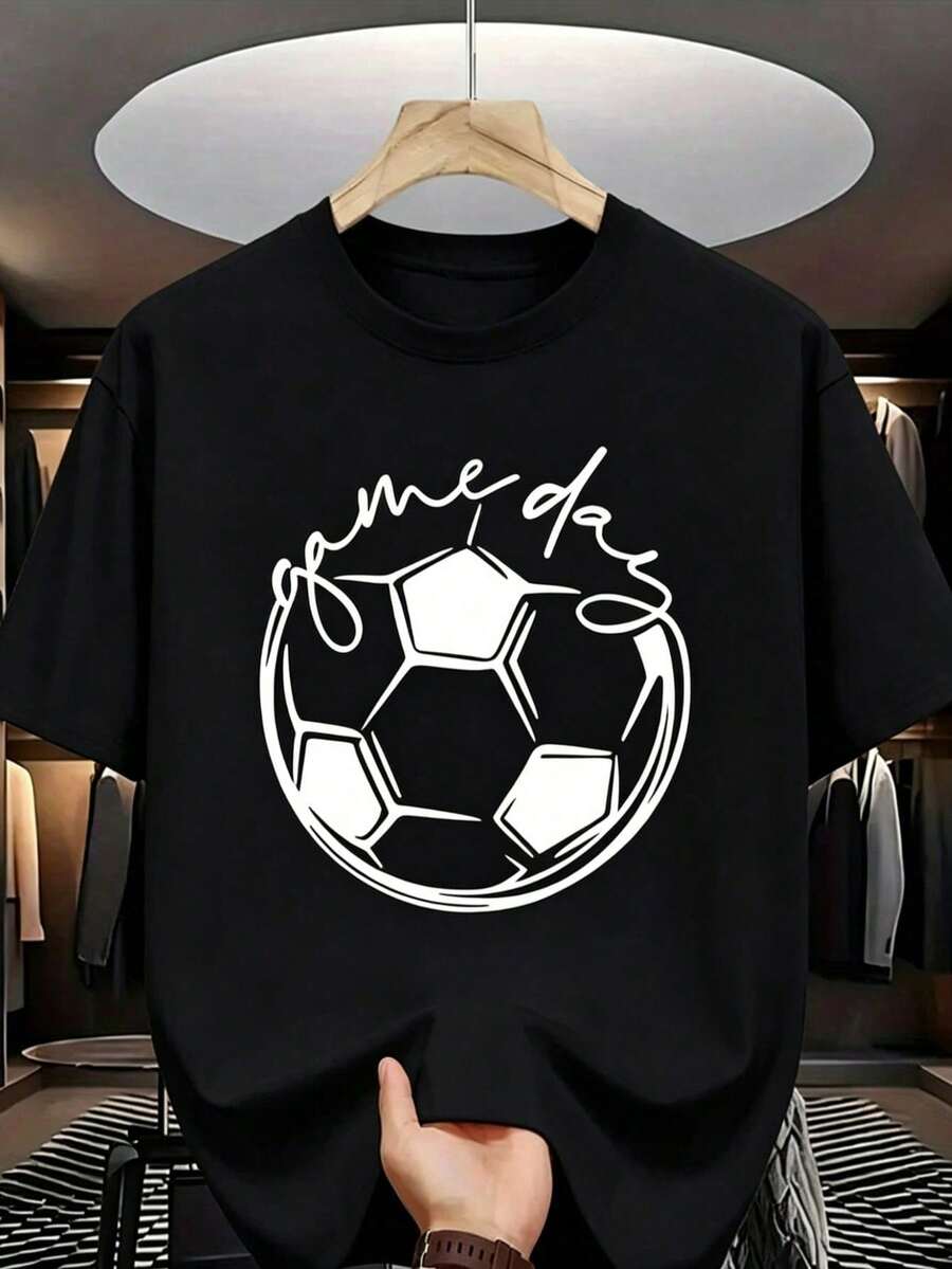 Men's Crew Neck T-Shirt, Printed Shirt For Football Fans And Casual Shirt, Ideal For Sporting Events And Casual Wear, Made Of Comfortable Cotton. - 黑色 - 查看 1