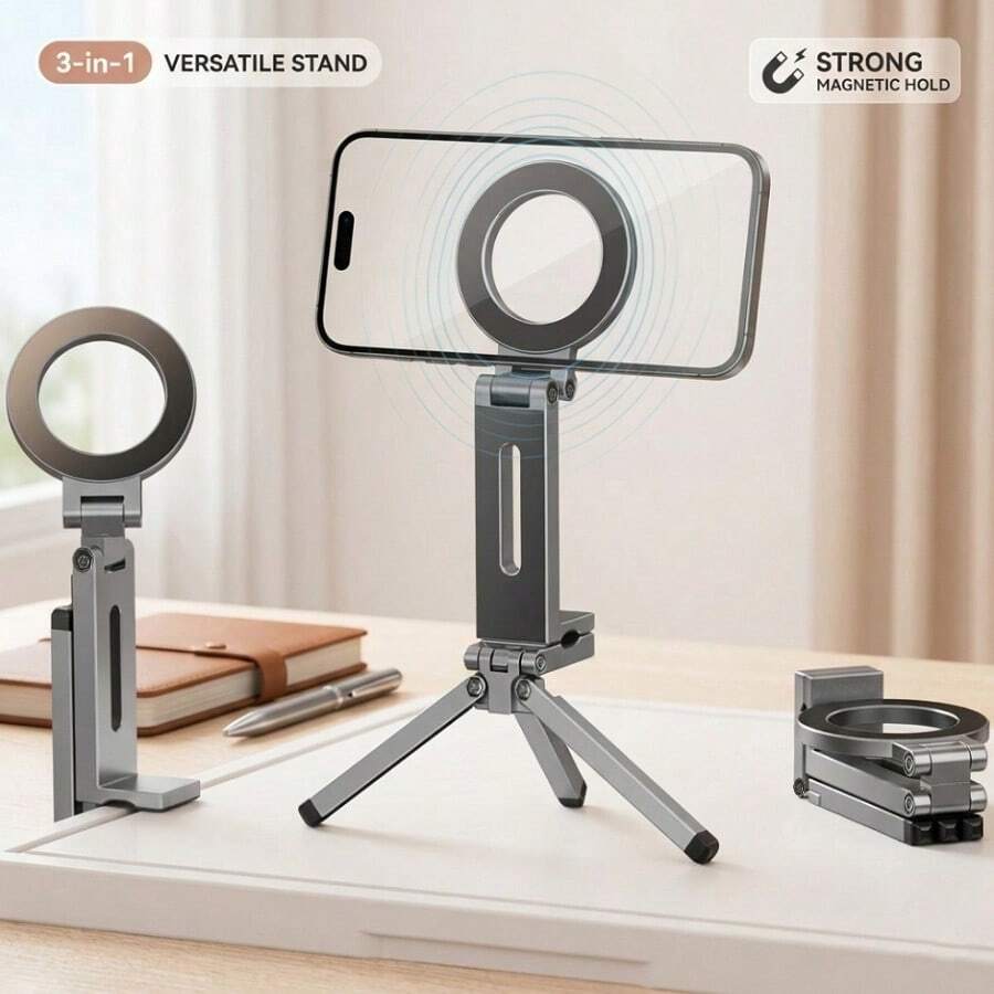 3-In-1 Magnetic Phone Stand And Selfie Stick, Foldable Travel Tripod With Desktop Clip, Multi-Functional Portable Stand Compatible With IPhone And Android Phones