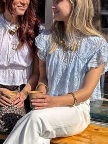 Women's Sheer Lace Ruffle Sleeve Crop Top, Y2K High Neck Ruched Babydoll Blouse, Summer Boho Top - Blue - View 2