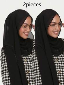 2pcs Women's Solid Color Pearl Chiffon Soft Headscarf, Arabic Casual Long Scarf, Conservative Solid Color Headwrap, Suitable For Middle East Daily Use - Black 2-pack - View 3