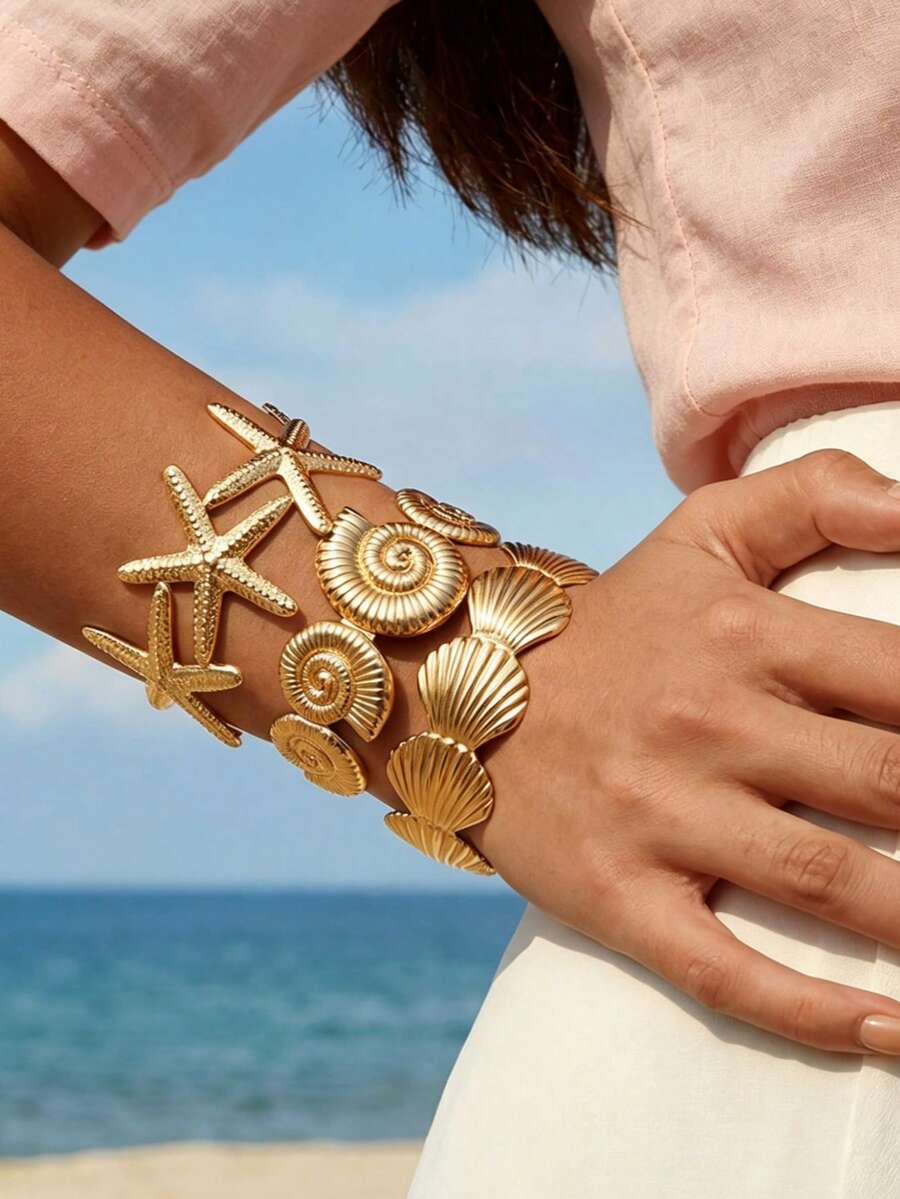 NAIZHU 1/3pcs Teen Fashion Ocean Style Starfish Shell Conch Metal Bracelet Daily Party Vacation Accessory - Gold - View 1