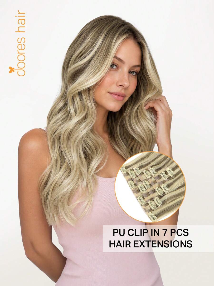 DOORES Seamless Clip-In Hair Extensions, 100% Human Hair, 130g-150g, 7pcs/Pack, Light Brown Highlights, Medium Blonde, Straight Natural Remy Hair, PU Invisible Clips, Styleable - S8/60 - View 1
