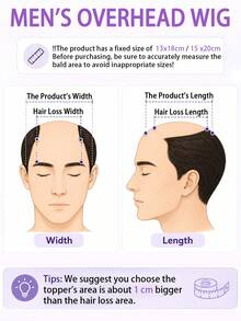1pc Men's Human Hair Toupee-18x20/16x18cm,Men's Natural-Looking Top-Up Wig, No-Show Flip Cover, For Balding/Thin Hair, Secure Attachment, Everyday & Special Events, Men's Hairpiece, Balding Solution, Seamless Blend, Durable Hairpiece,#1B - Natural Black - 查看 5