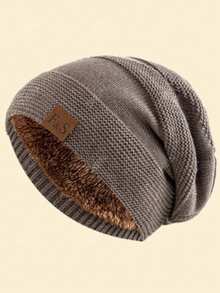 1 pieza Gorra sin ala con forro térmico y decoración de letras para hombre - Caqui - Ver 1