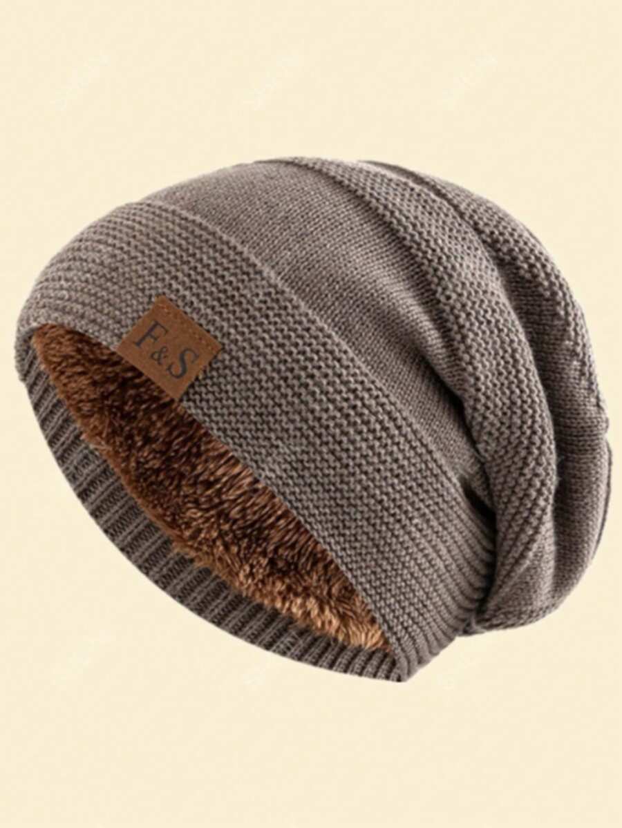 1 pieza Gorra sin ala con forro térmico y decoración de letras para hombre - Caqui - Ver 1