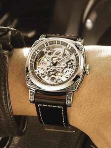 Men's Black Zinc Alloy Business Style Luminous Engraved Automatic Tourbillon Skeleton Mechanical Watch - Black - View 3