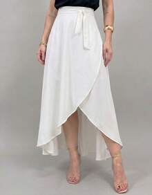 Saia Envelope Longa Transpassada De Amarrar Moda Blogueira Linda Feminina Elegante e Atemporal - branco - Visão 2