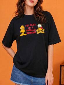SHEIN | Garfield 女款雙卡通貓趣味標語黑色圓領寬鬆休閒街頭風短袖上衣 - 黑色 - 查看 3