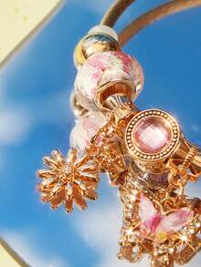 Popjeli 1pc Stainless Steel Bracelet With Colorful Butterfly, Leaf & Daisy Charm - Gold Pink - View 2