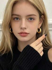 1對極簡時尚精緻幾何不對稱設計日常百搭適合休閒聚會的青少年女孩耳環 - 金色 - 查看 2