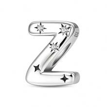 1 pieza Encanto de cuentas de la serie de iniciales estrelladas de estilo cielo estrellado celestial de plata de ley S925 de baja alergia, adecuado para pulsera original, fabricación de joyas DIY para mujeres, regalo de cumpleaños - Blanco - Ver 34
