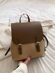 1件女款時尚拼色休閒後背包，附翻蓋與拉鍊開合，適合學生與日常休閒購物 - 卡其色 - View 9