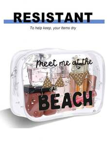 「Meet Me At The Beach」字母印花 PVC 防水沙灘包，豹紋泳裝圖案，PVC 化妝包，拉鍊密封 PVC 旅行收納袋，輕量耐褪色女士化妝盥洗包，TSA 認證便攜化妝收納盒，易清潔設計，適合母親、老師、朋友、護理師，適用於學校、度假、假日、返校用品盥洗包 - 彩色 - 查看 9