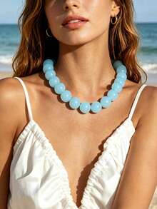 1pc European & American Bohemian Geometric Semi-Transparent Beaded Necklace For Women, Summer Beach Vacation - Handmade Acrylic Beaded Necklace - View 9