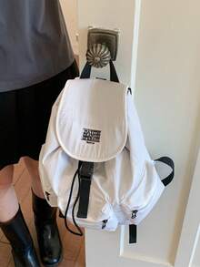 Summer Large Capacity Fashion Plaid Multi-Pocket Nylon Casual Backpack, Waterproof Lightweight Foldable Drawstring Patch Letter Travel Bag - White - View 3