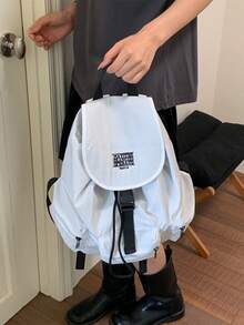 Summer Large Capacity Fashion Plaid Multi-Pocket Nylon Casual Backpack, Waterproof Lightweight Foldable Drawstring Patch Letter Travel Bag - White - View 4