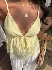 Vestido de línea A con cintura ajustada, diseño de volantes con lazo y volantes en el bajo, camisola de vacaciones - Burdeos - Ver 4