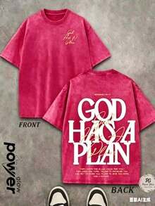 Jesus Graphic Print T-Shirt 'God Has A Plan', Double-Sided Print, Washed T-Shirt, Party Favors, Y2K Graphic Tees For Men, Vintage Washed Style T-Shirts - Red - View 1