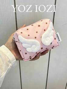 Estilo japonés & coreano de nicho, tarjetero de doble capa con lindo estampado de lunares, monedero pequeño, bolsa de almacenamiento portátil fresca de alta estética - Rosa - Ver 2