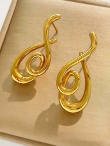 1 Pasang Anting Stud Emas Bentuk Tetesan Air Mata Berputar, Desain Melengkung Abstrak untuk Pemakaian Sehari-hari & Pesta. - Yellow Gold - View 4