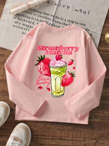 Cute Strawberry Milkshake Print Girls Long Sleeve T-Shirt, Soft Daily Fall Top - Pink - View 3