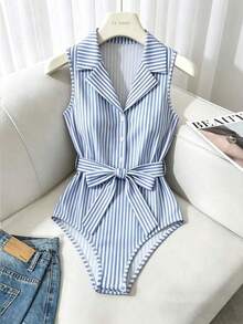 Body de punto estilo francés vintage para mujer, a rayas azules y blancas, cuello polo, diseño con botones y lazo, elegante atuendo de verano para la - Azul y blanco - Ver 4