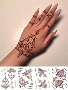 4張海娜臨時紋身貼 防水棕色 Mehndi 手部紋身貼 簡單紅色海娜紋身貼紙 適用於女性化妝、齋月、情人節、婚禮派對、節慶必備穆斯林 Abaya 配件 - 棕色 - 查看 9