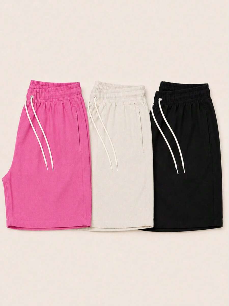 Kit 3 Premium Linen Shorts Bermuda Mauricinho Men's Casual Basic Comfortable Drawstring Waist - 粉色 - 查看 1