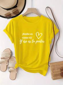eta Motivacional en Español para Mujeres - Frase en Español y Detalle de Corazón, Cuello Redondo y Manga Corta, Ideal para Aprendices de Español, Ropa Casual y Eventos de Práctica del Idioma - Negro - Ver 6