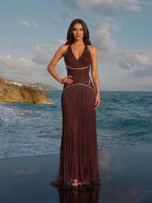Modphy New Rhinestone & Stud Embellished Bandage Long Dress, Formal Event Gown Spring Brown Wedding Party Fall - Brown - View 10